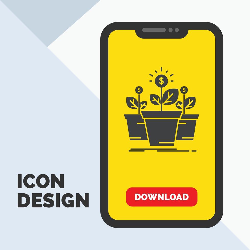 growth. money. plant. pot. tree Glyph Icon in Mobile for Download Page. Yellow Background vector