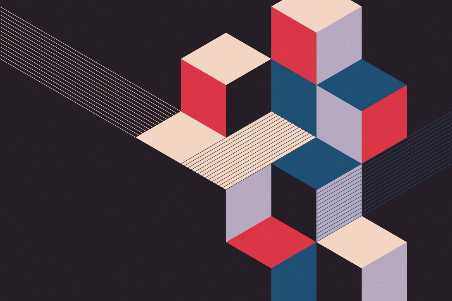 Abstract geometric isometric squares illustration. Purple, red, and dark blue geo shapes composition on black background vector