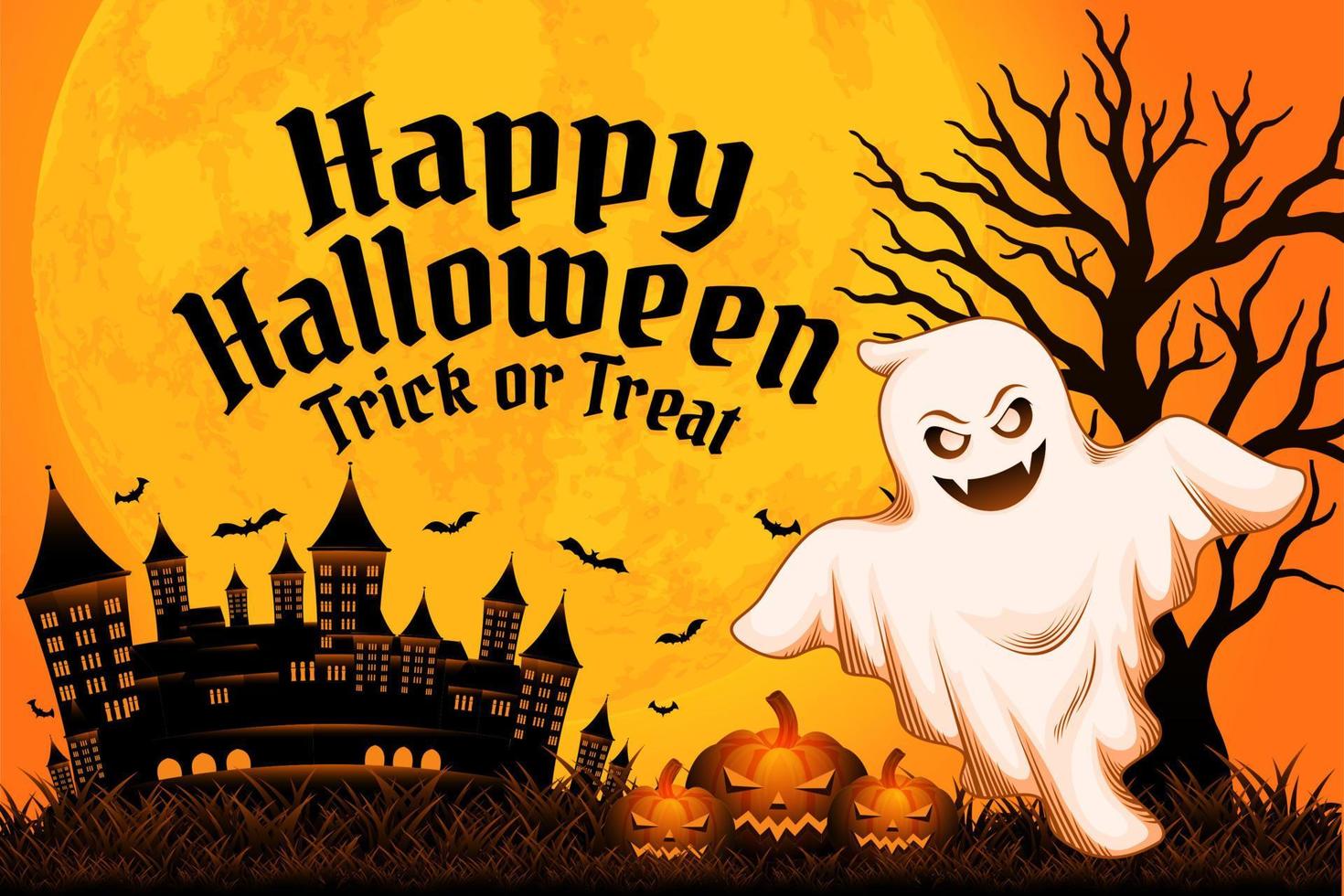 Halloween background with ghost tree castle moon vector, happy halloween background for business retail promotion, banner, poster, social media, feed, invitation yellow color vector