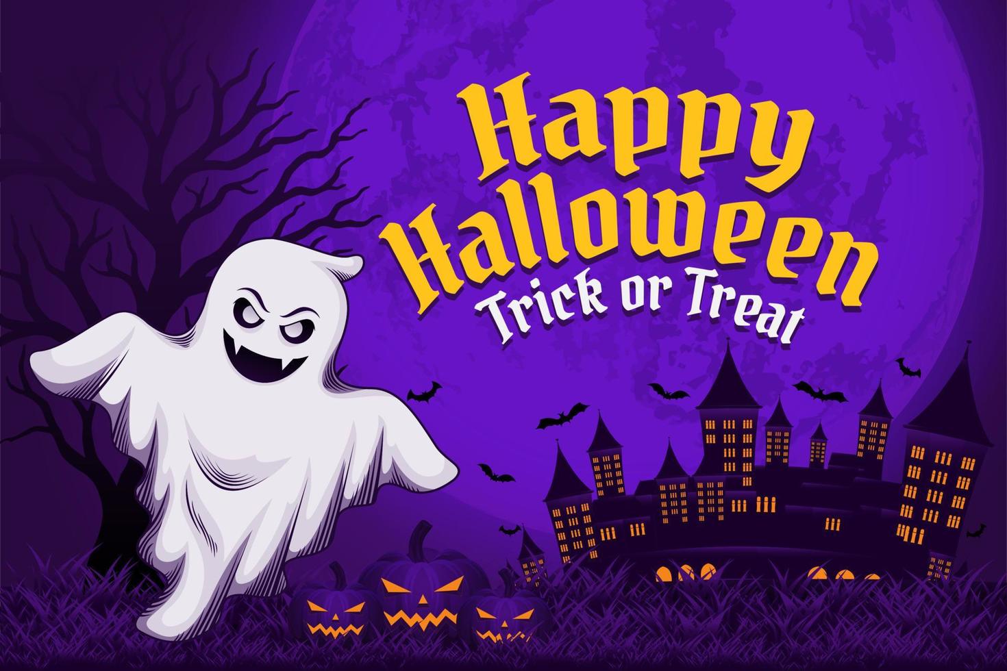 Halloween background with ghost tree castle moon vector, happy halloween background for business retail promotion, banner, poster, social media, feed, invitation purple color vector