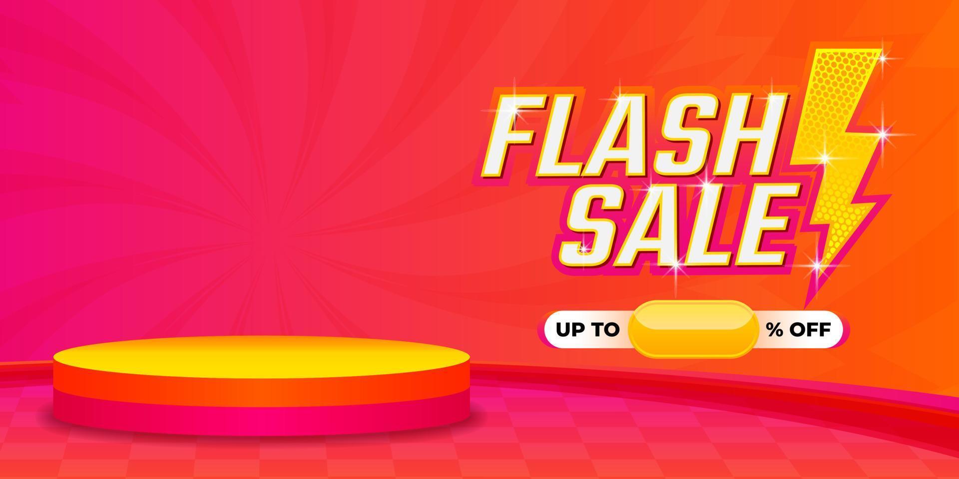 Flash Sale background template with podium display, Special offer and discount promotion in orange and pink color vector