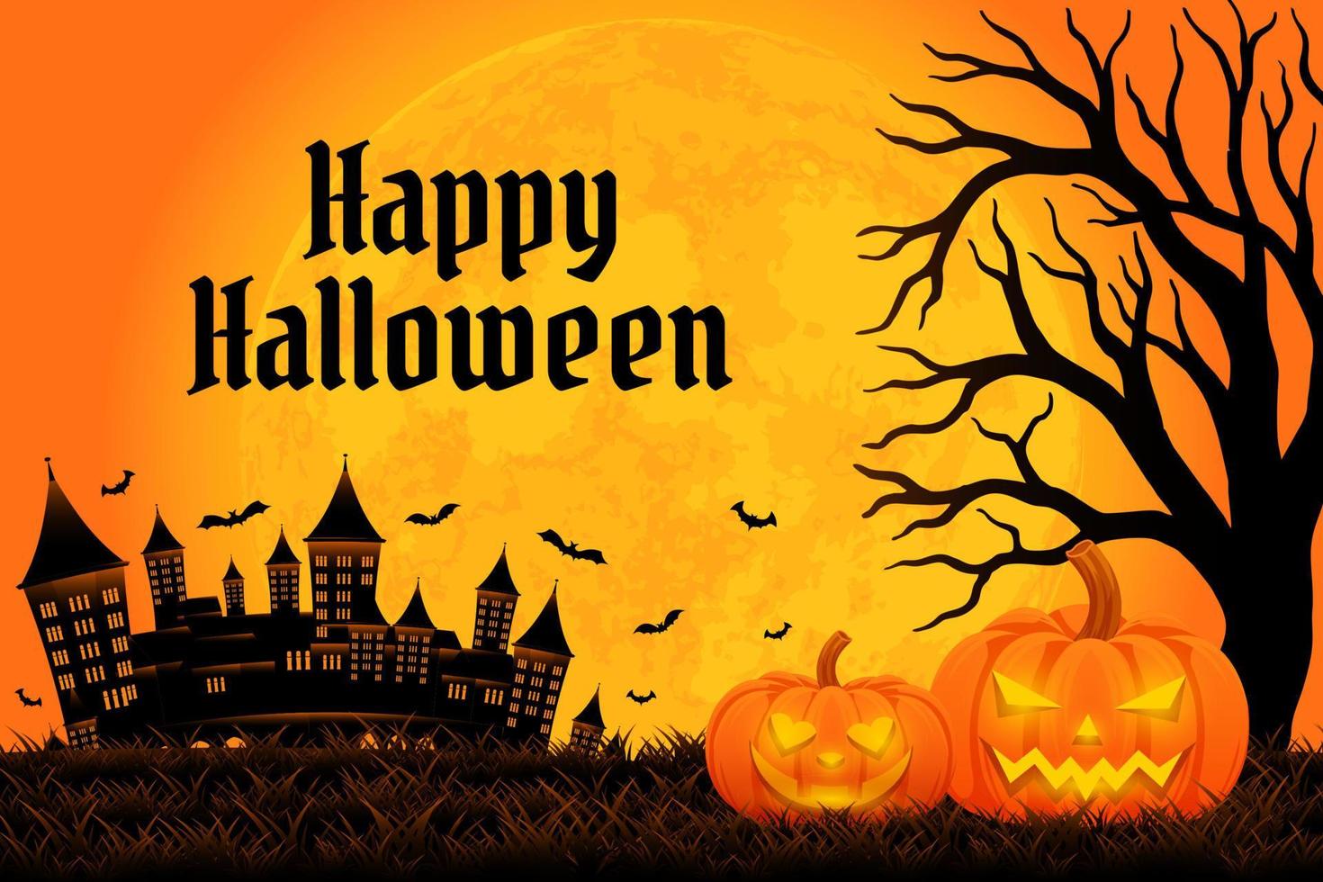 Halloween background template with castle, tree, pumpkin and moon vector, happy halloween backdrop for sale promotion, banner, poster, social media, feed, invitation, event, wallpaper in orange color vector