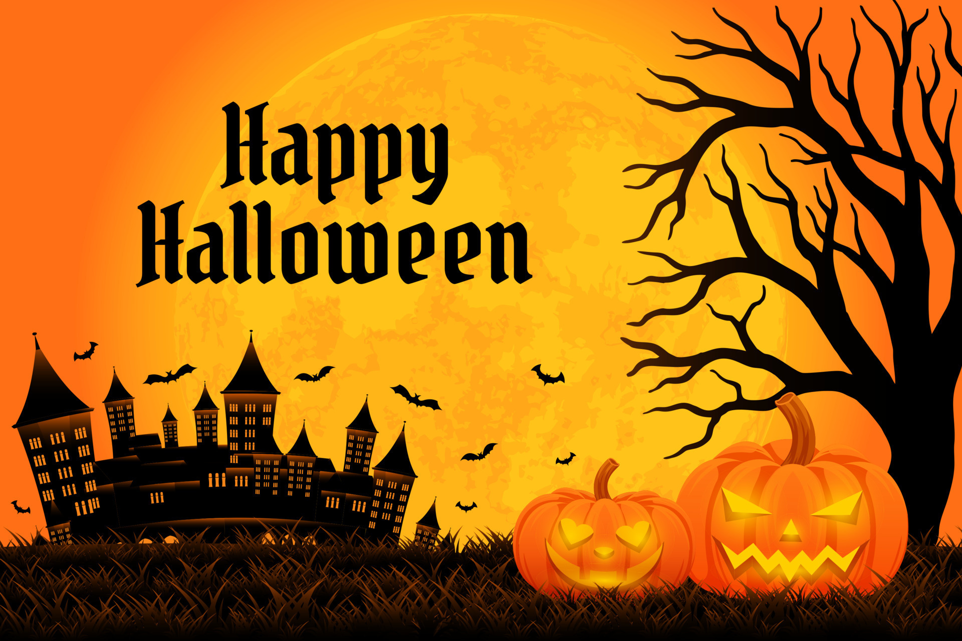 Halloween background template with castle, tree, pumpkin and moon