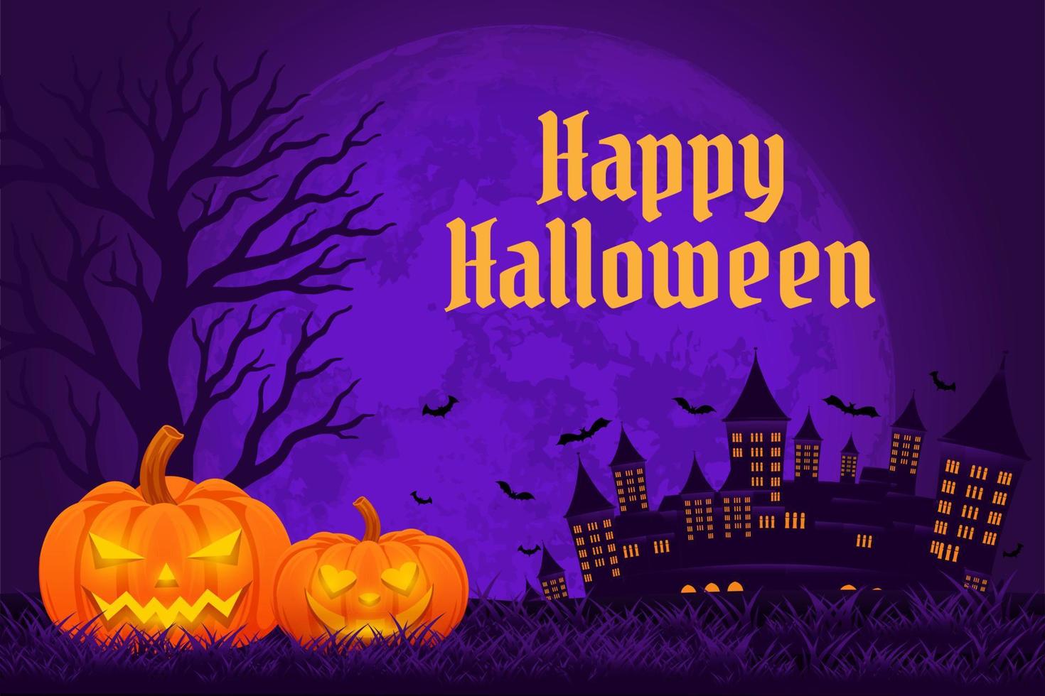 Halloween background template with castle, tree, pumpkin and moon vector, happy halloween backdrop for sale promotion, banner, poster, social media, feed, invitation, event, wallpaper in purple color vector