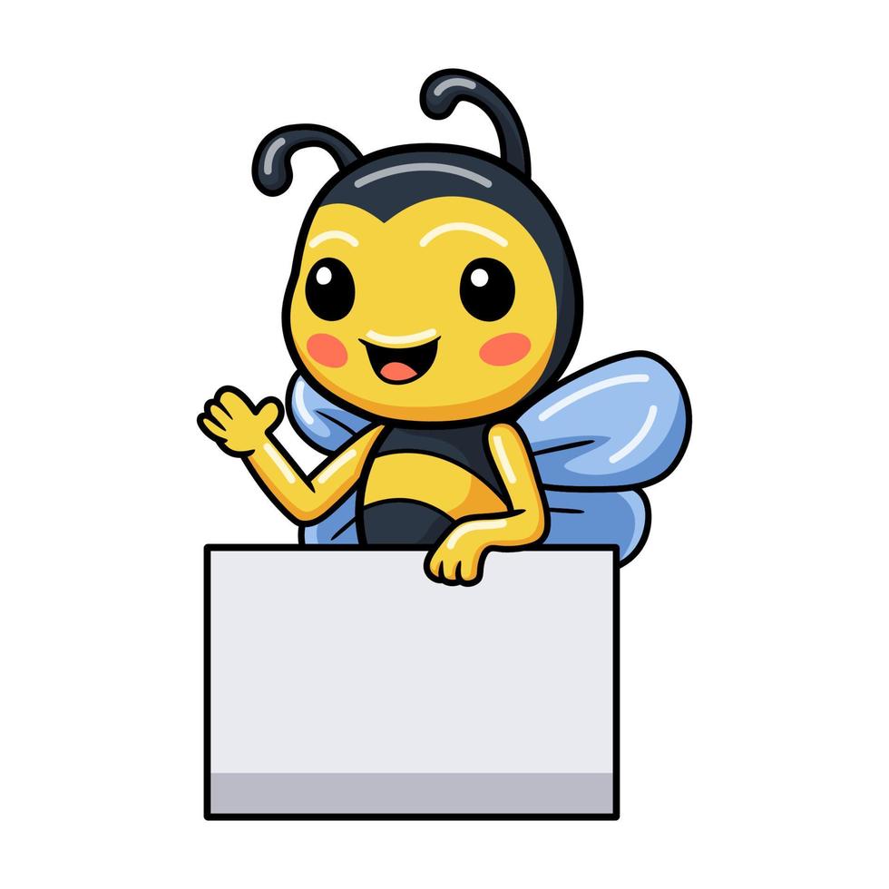 linda caricatura de abeja pequeña con cartel en blanco vector