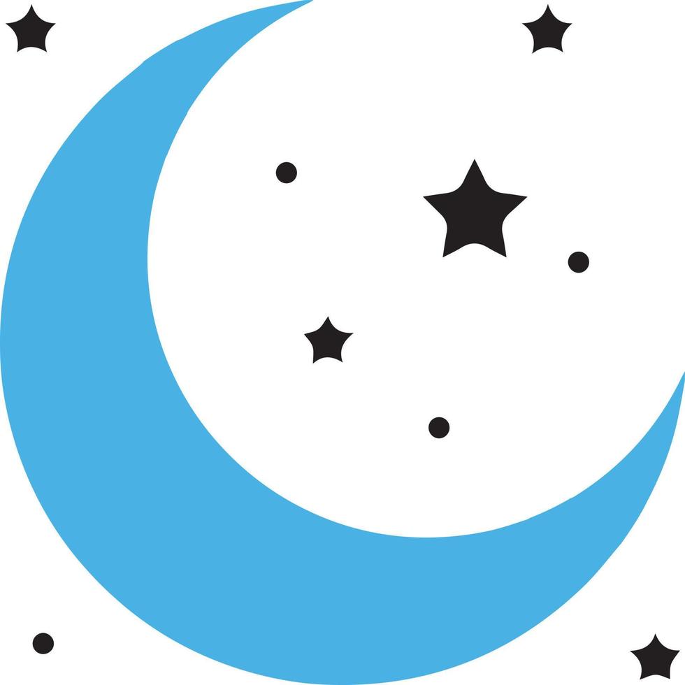 blue Crescent moon with stars at night, evening or nighttime flat vector icon