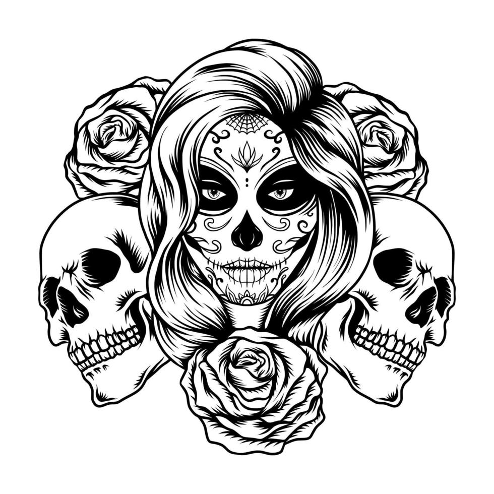 ilustración de dama calavera de azúcar con rosas vector