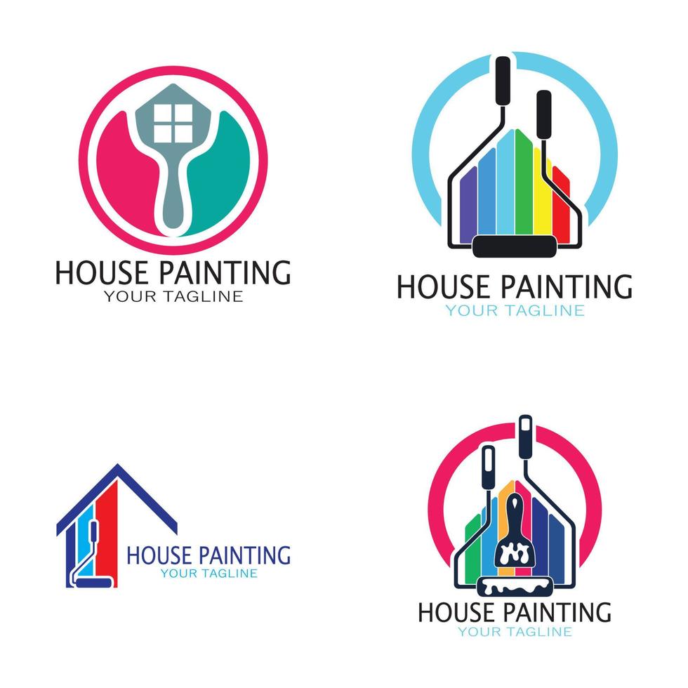 logo icono ilustración pintura de la casa con una mezcla de cepillos y rodillos para el diseño de la pintura de la pared de la casa, casa minimalista, pintura, interior, construcción, negocio inmobiliario, papel pintado, concepto vectorial vector