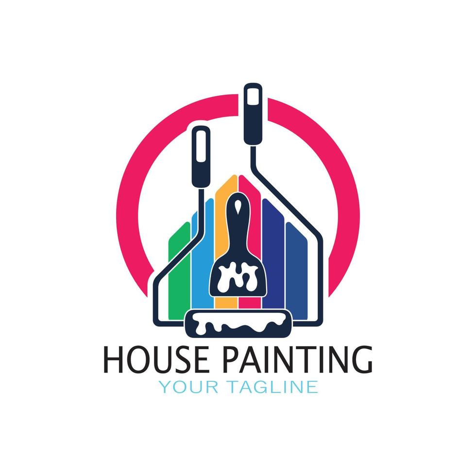 logo icon illustration house paint with a blend of brushes and rollers for house wall paint design, minimalist house, painting, interior, building, property business, wallpaper, vector concept