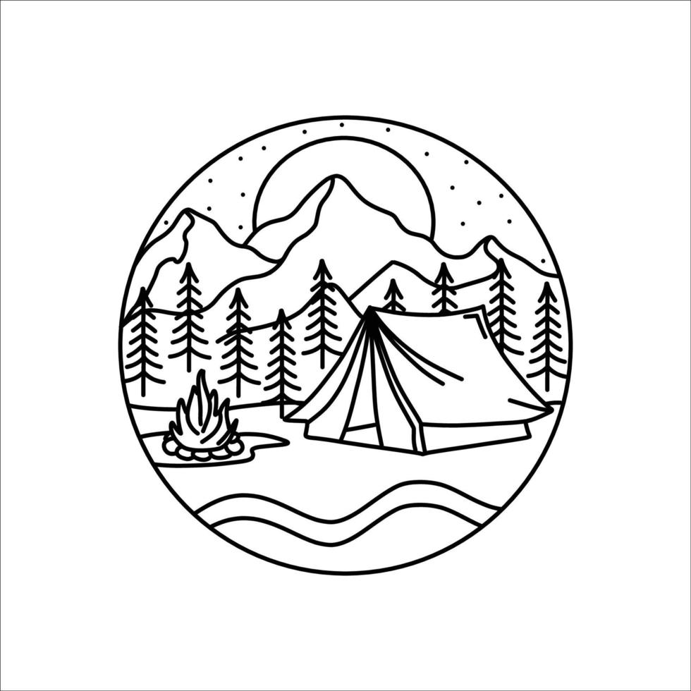 logotipo de montañas vectoriales. arte lineal. luna, estrellas y fogata. paisaje en blanco y negro. camping, símbolo de senderismo. ilustración de viaje dibujada a mano. icono de línea puesta de sol. vector