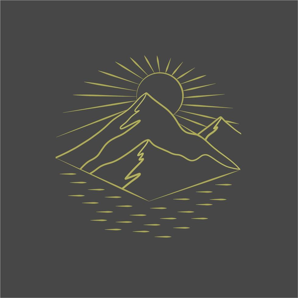 Vector mountains logo. Line art. Sun, lake and mountains. Golden landscape. Camping, hiking symbol. Nature icon. Hand drawn travel illustration. Line icons. Snow peaks. Sun, sky and water. Sunset.