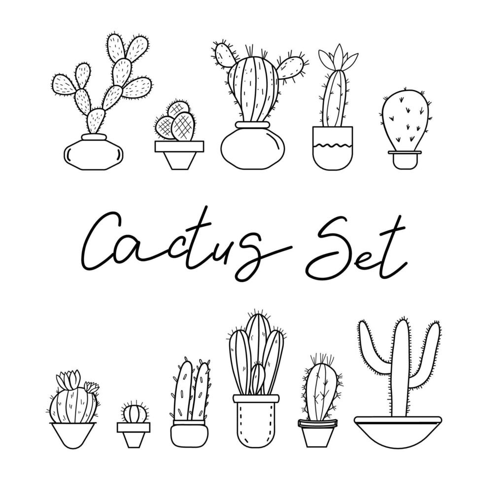 Cactus set. Doodle style. Black and white vector illustration. Mexican botanical cactuses in pots. Hand drawn sketch.