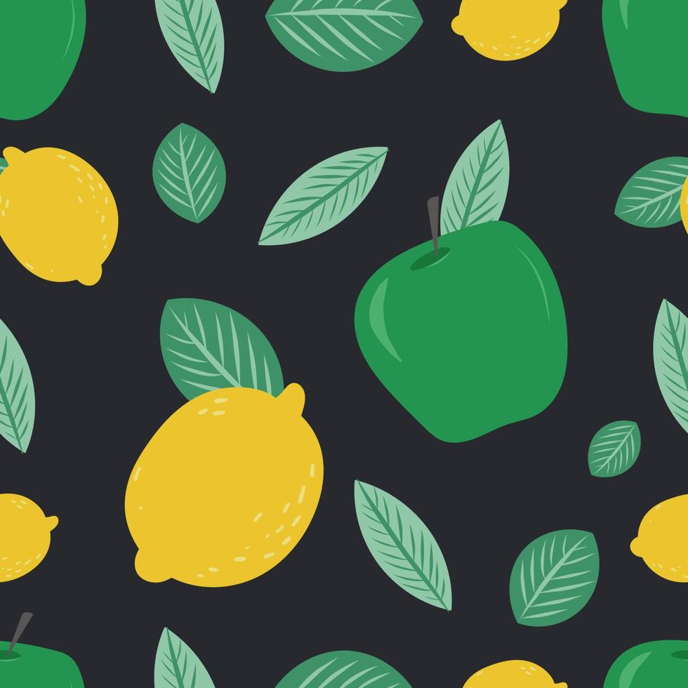 Apple and lemon seamless pattern with leaves on a black background. Hand drawn illustration vector