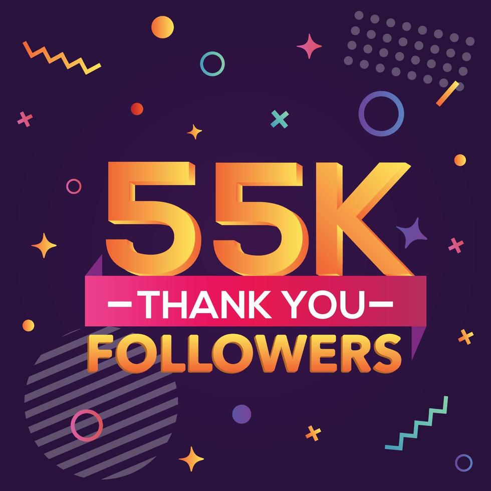 Thank you 55000 followers,thanks banner.First 55K follower congratulation card with geometric figures,lines,squares,circles for Social Networks.Web blogger celebrate a large number of subscribers. vector