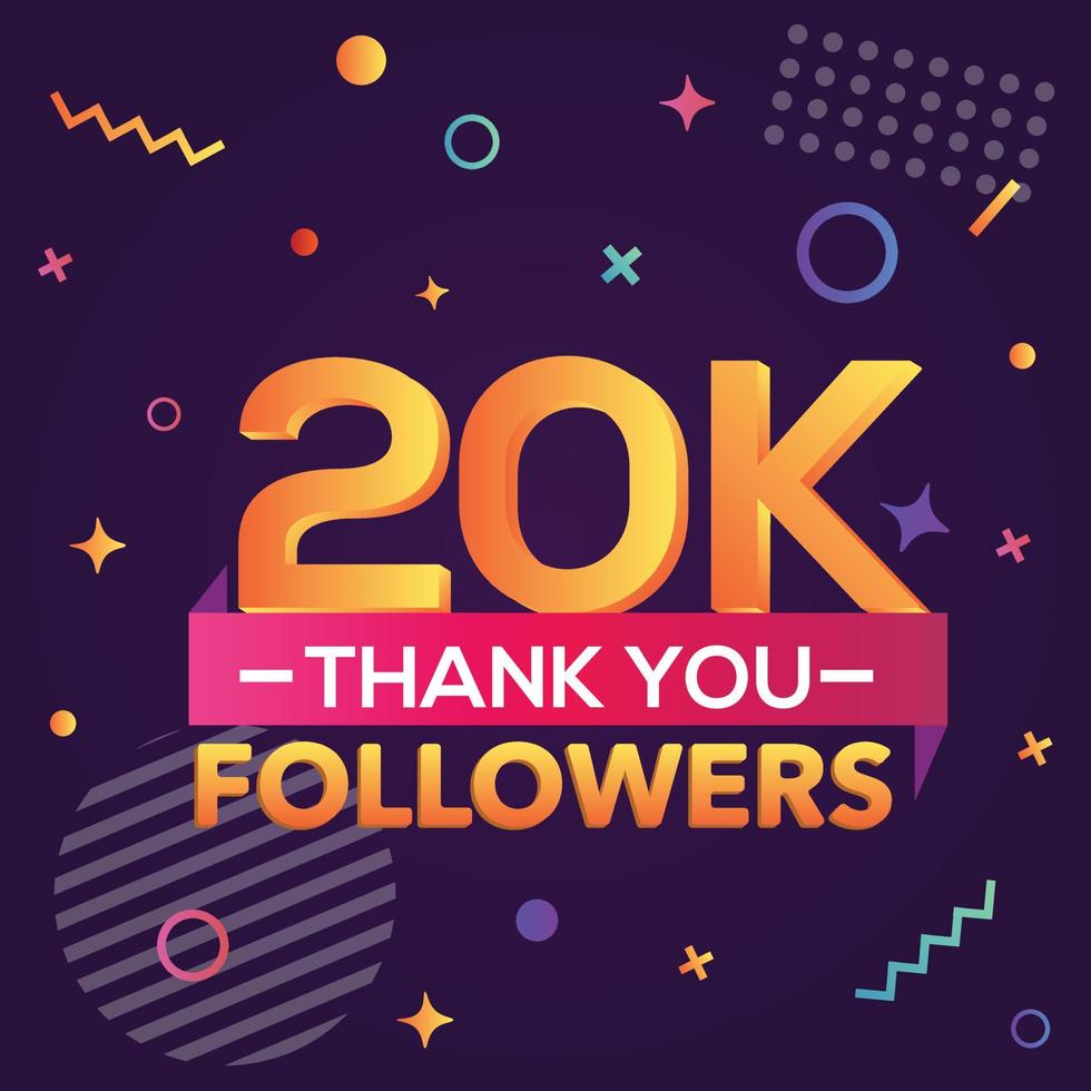 Thank you 20000 followers,thanks banner.First 20K follower congratulation card with geometric figures,lines,squares,circles for Social Networks.Web blogger celebrate a large number of subscribers. vector