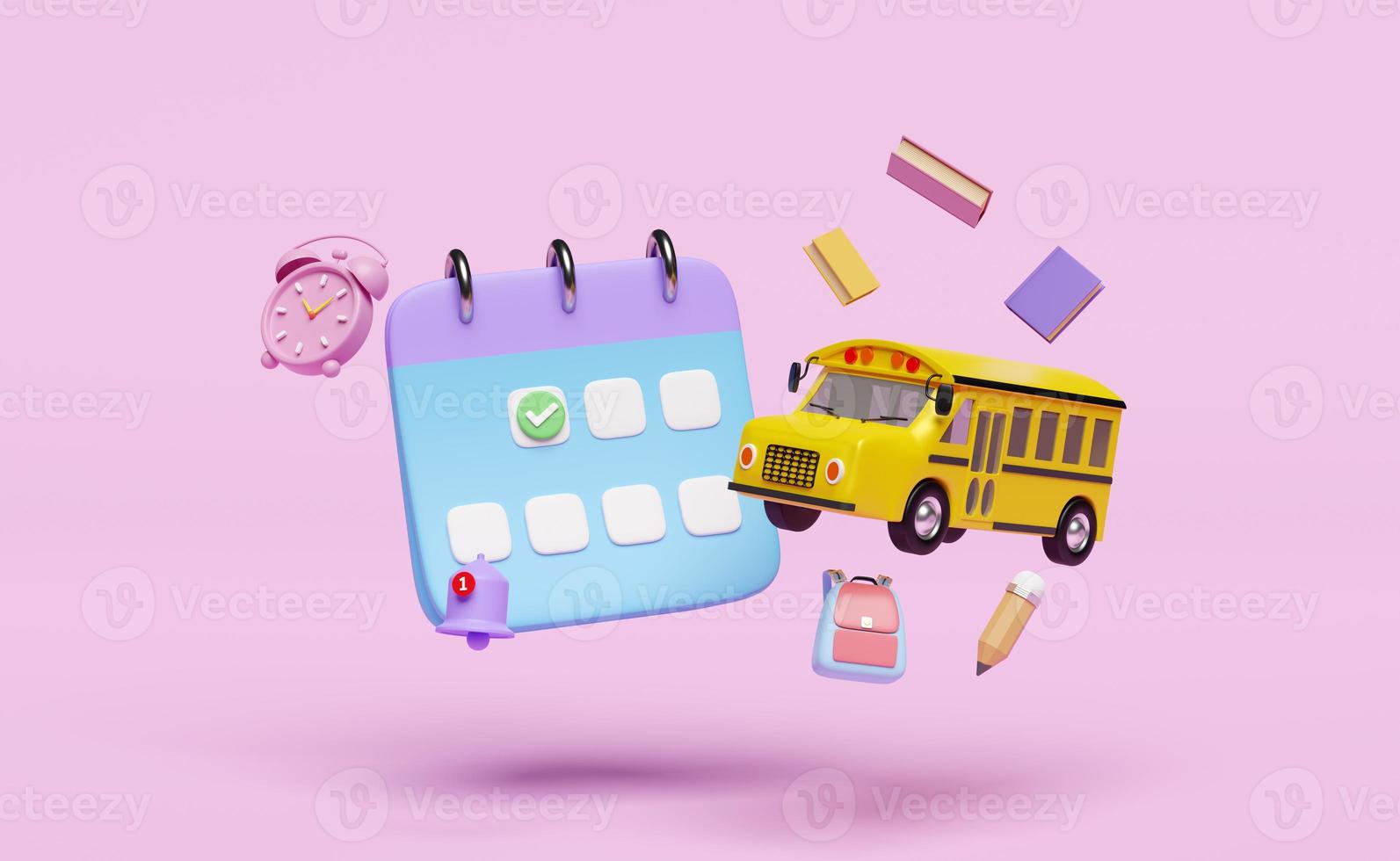 Calendario 3d con íconos de dibujos animados de autobuses escolares amarillos, fecha marcada, campana de notificación, reloj, marca de verificación, accesorios, libro, bolso, sombrero aislado en fondo rosa. ilustración de procesamiento 3d foto