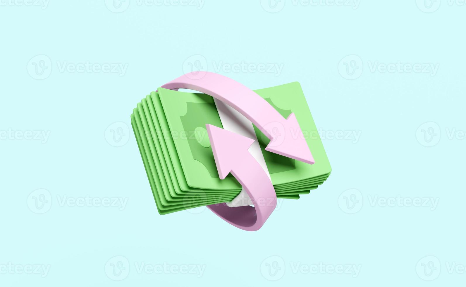 3d banknote stack isolated on blue background. transfer arrows, cashback, saving money wealth business concept, 3d render illustration photo