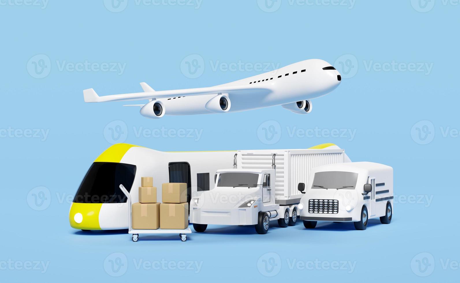 land transport concept, 3d worldwide shipping with truck delivery van, plane, sky train transport isolated on blue background. service, transportation, air cargo trucking, railway shipping, 3d render photo