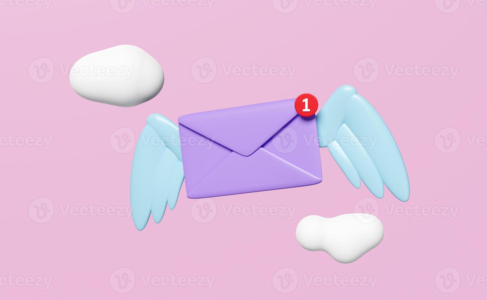 3d Flying closed envelope with wings, cloud isolated on pink background. notify newsletter, online incoming email concept, 3d render illustration photo