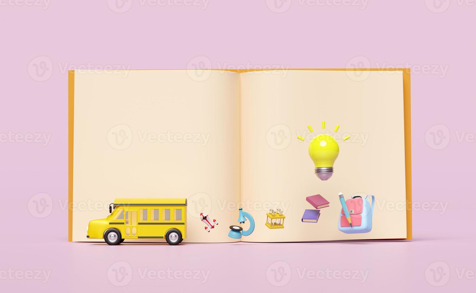 3d yellow school bus cartoon sign icon, transport students isolated on pink background. light bulb, accessories with microscope, open book, bag, pencil, school supplies, back to school 3d render photo