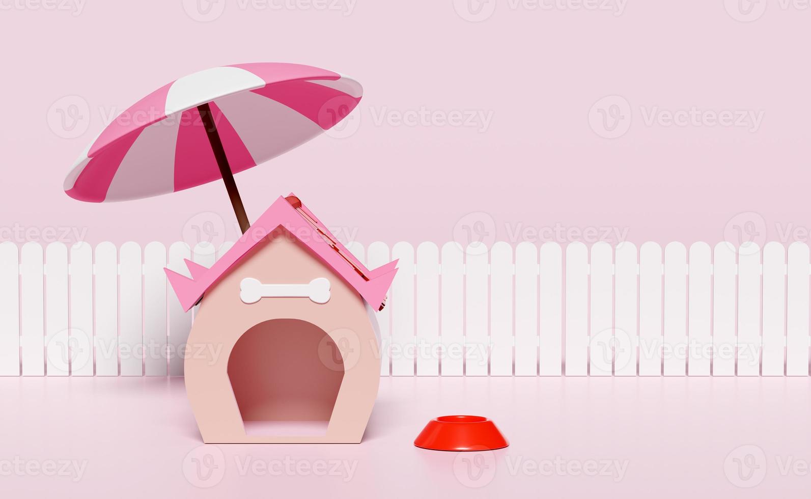 Casa de perro 3d y símbolo de hueso, caricatura de perrera de mascotas vacía, cerca, paraguas o sombrilla aislado en fondo rosa. ilustración de procesamiento 3d foto