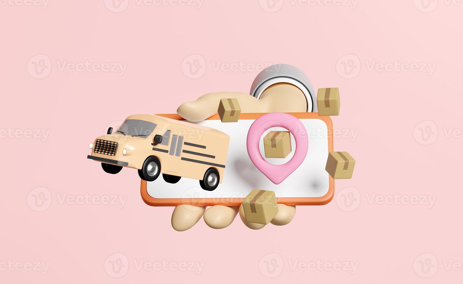 3d businessman hands hold mobile phone, smartphone float with goods box, van, pin isolated on pink background. Online delivery or online order tracking concept, 3d render illustration photo