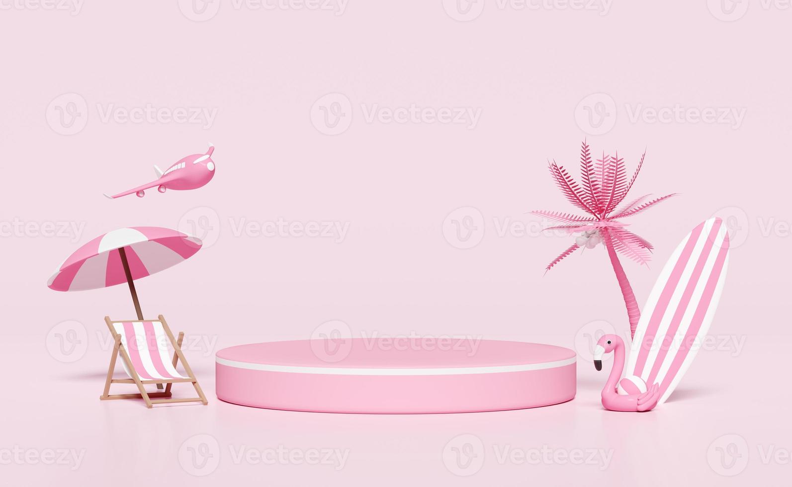 3d cylinder stage podium empty with beach chair,ball, flamingo, palm tree, umbrella, parasol, airplane, surfboard isolated on pink background. shopping summer sale concept, 3d render illustration photo