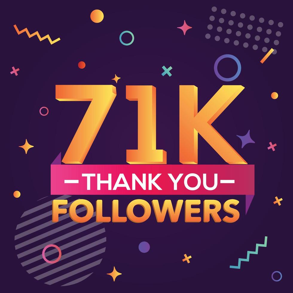 Thank you 71000 followers,thanks banner.First 71K follower congratulation card with geometric figures,lines,squares,circles for Social Networks.Web blogger celebrate a large number of subscribers. vector