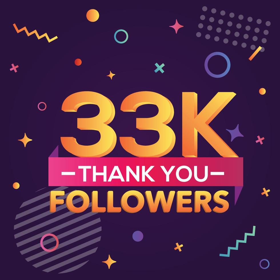 Thank you 33000 followers,thanks banner.First 33K follower congratulation card with geometric figures,lines,squares,circles for Social Networks.Web blogger celebrate a large number of subscribers. vector