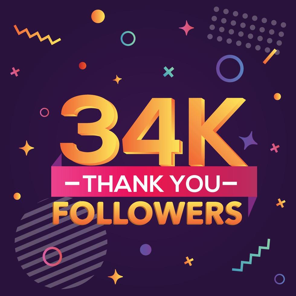 Thank you 34000 followers,thanks banner.First 34K follower congratulation card with geometric figures,lines,squares,circles for Social Networks.Web blogger celebrate a large number of subscribers. vector