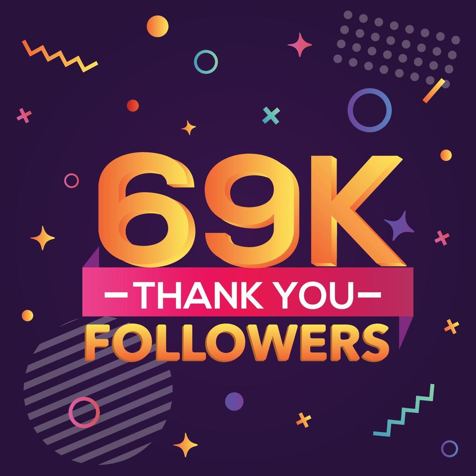 Thank you 69000 followers,thanks banner.First 69K follower congratulation card with geometric figures,lines,squares,circles for Social Networks.Web blogger celebrate a large number of subscribers. vector