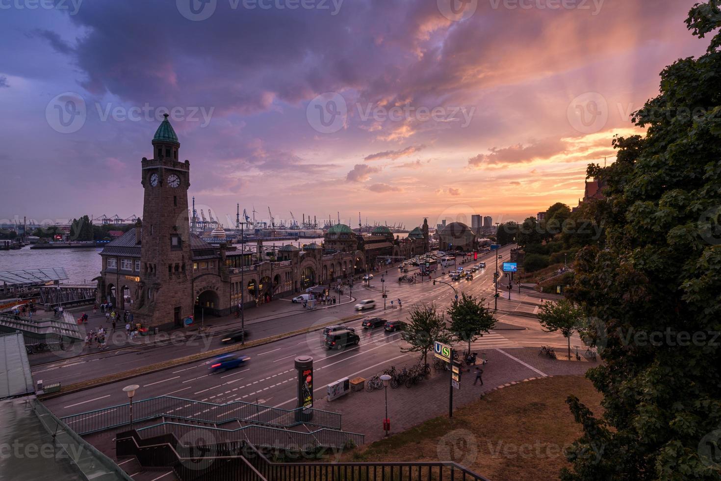 Sunset at the old pier - Landungsbrucken in Hamburg, Germany photo