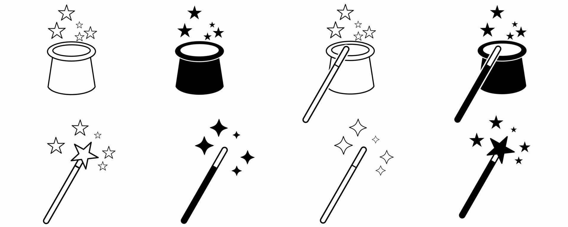 Wand and hat magic icon set isolated on white background vector