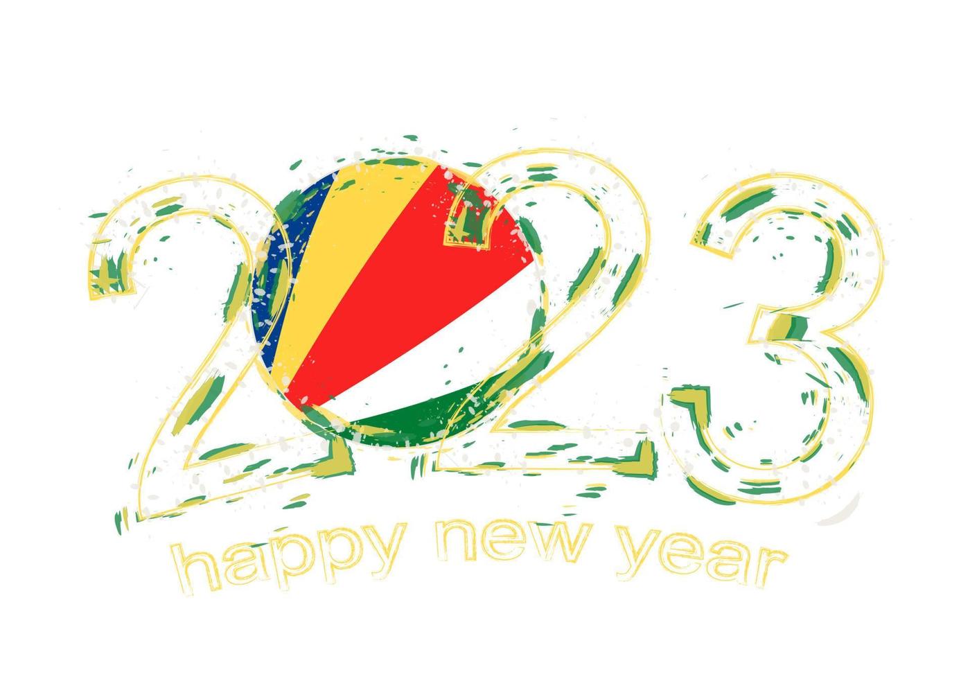 2023 Year in grunge style with flag of Seychelles. vector