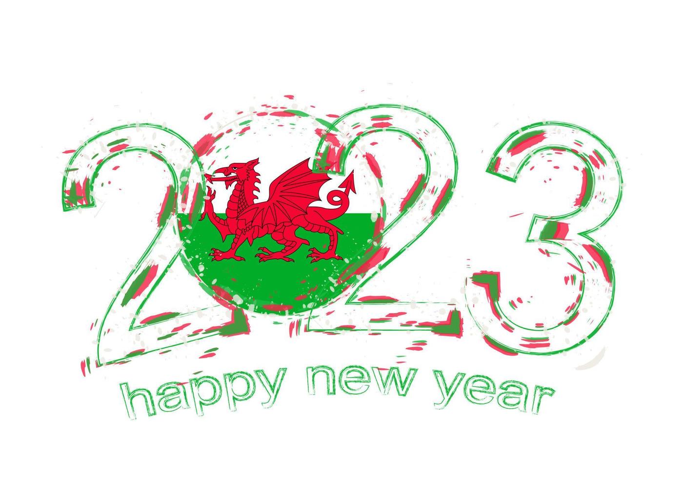 2023 Year in grunge style with flag of Wales. vector