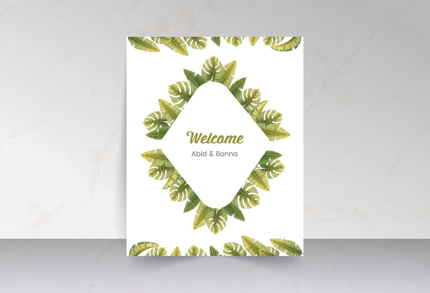 tarjeta de bienvenida de forma cuadrada de hojas de palma verde vector