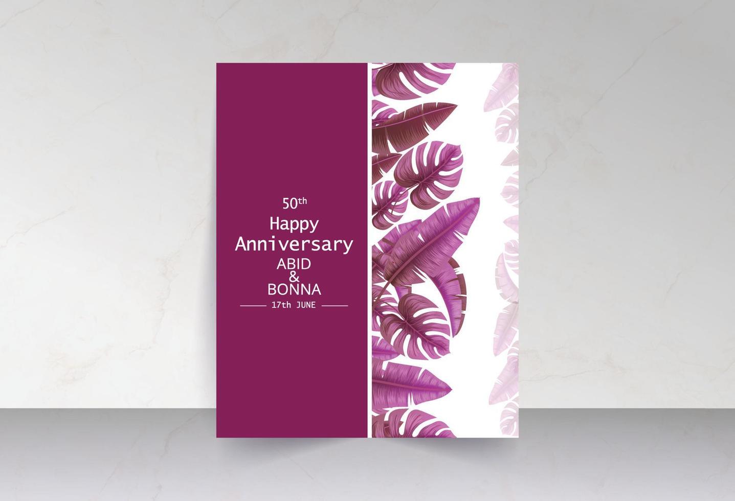 Deep purple set of tropical palm leaves anniversary gift card vector