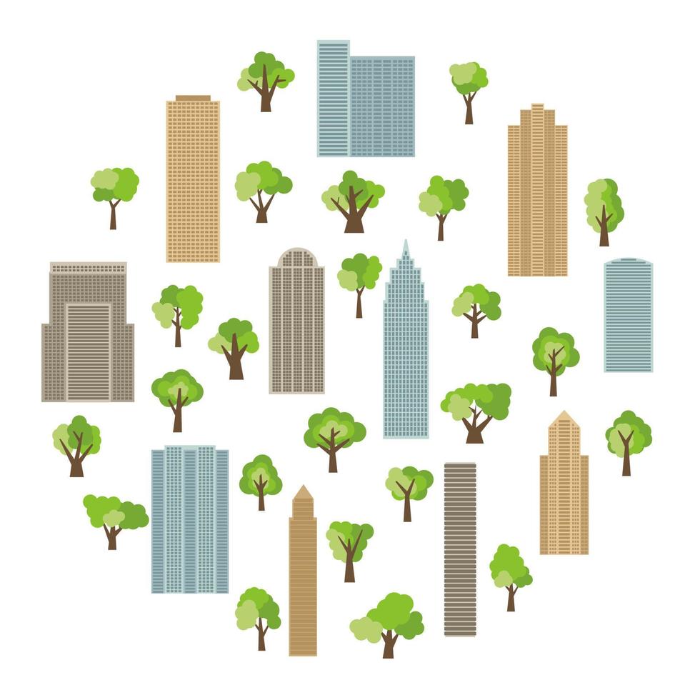 Modern buildings and skyscrapers with green trees in circle. Vector illustration