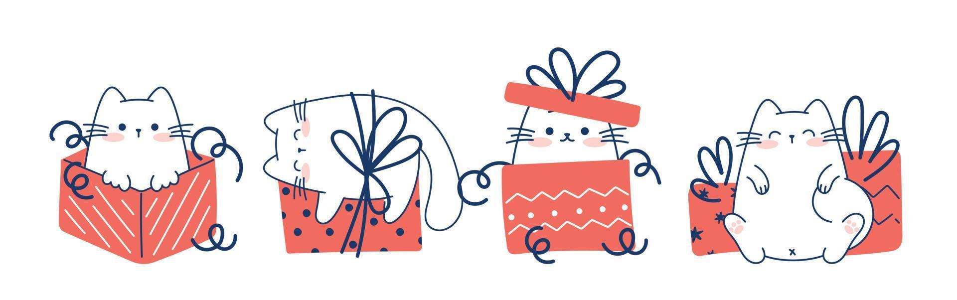 Draw funny cats with gift boxes for christmas and winter vector illustration character collection funny cats for Christmas and New year. Doodle cartoon style.