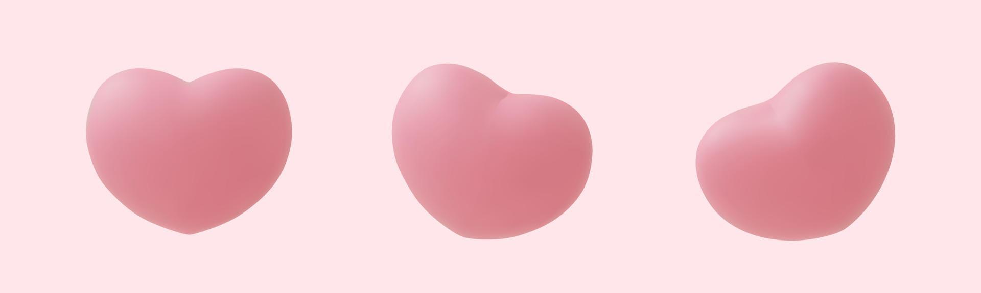 3d pink hearts render icons set.  Valentine's Day design element. Ralistic vector illustration.