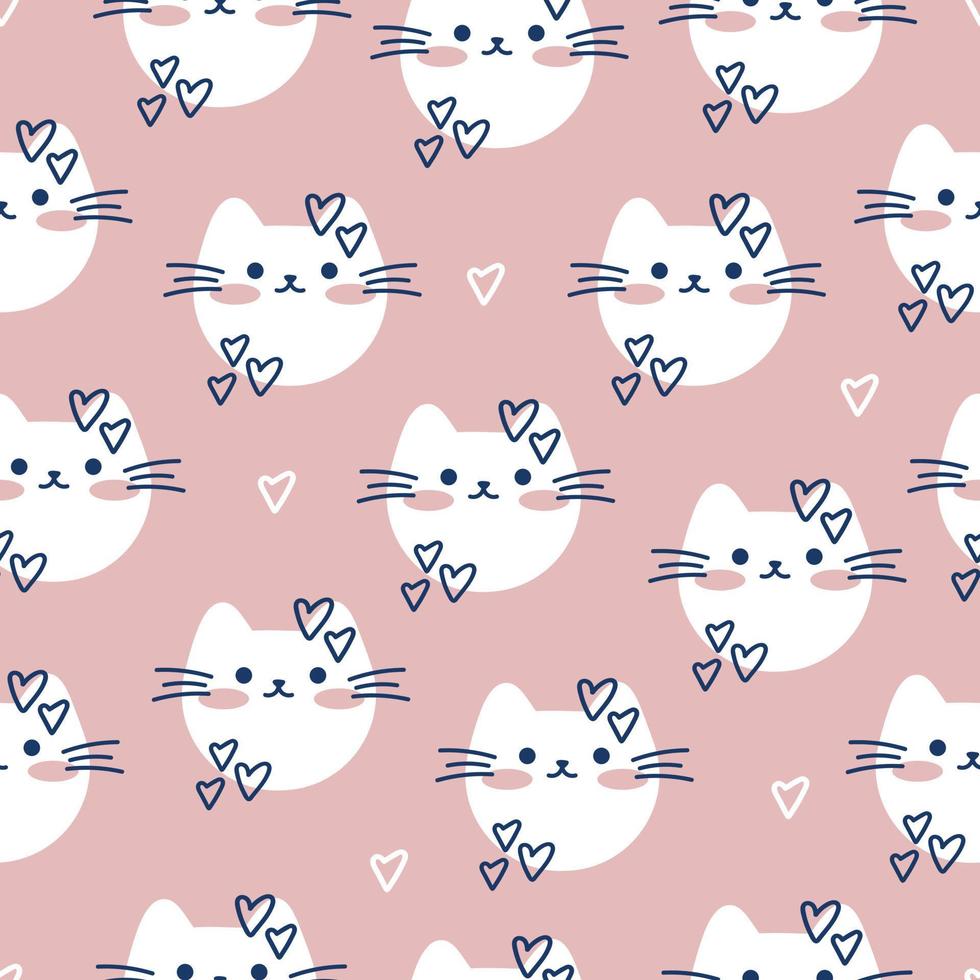 Draw seamless pattern with cute cats faces on pink pastel background Doodle cartoon style vector