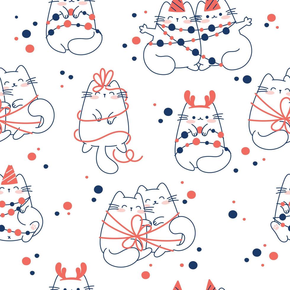 Draw seamless pattern with cute cats  on white background for christmas and winter and New year Doodle cartoon style vector