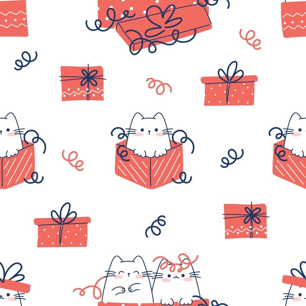 Draw seamless pattern with cute cats  on white background for christmas and winter and New year Doodle cartoon style vector