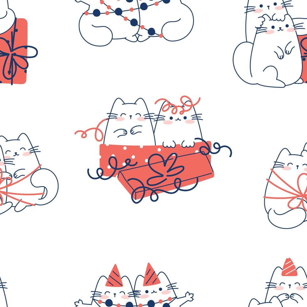 Draw seamless pattern with cute cats  on white background for christmas and winter and New year Doodle cartoon style vector