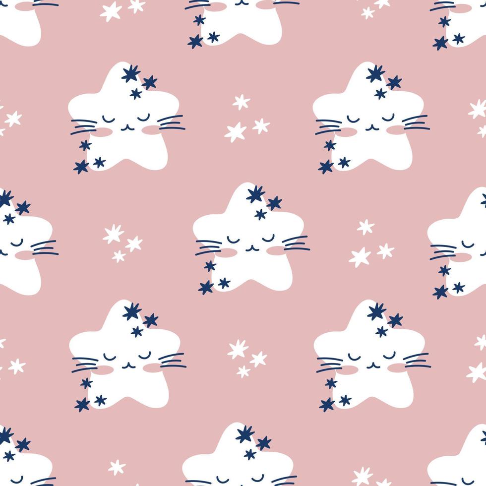 Draw seamless pattern with cute cats faces on pink pastel background Doodle cartoon style vector