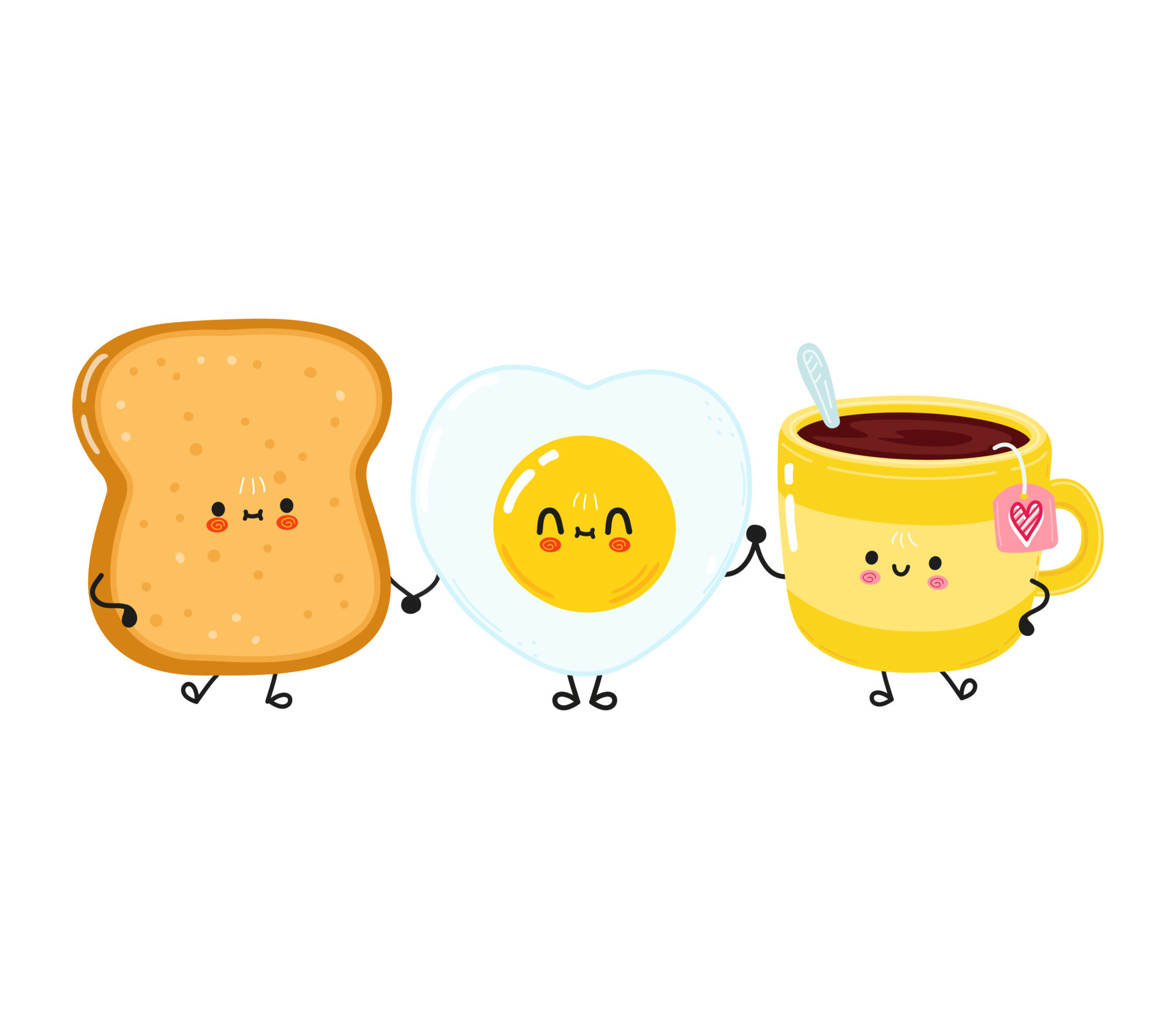 Cute happy toast cup of tea and fried egg card. Vector hand drawn