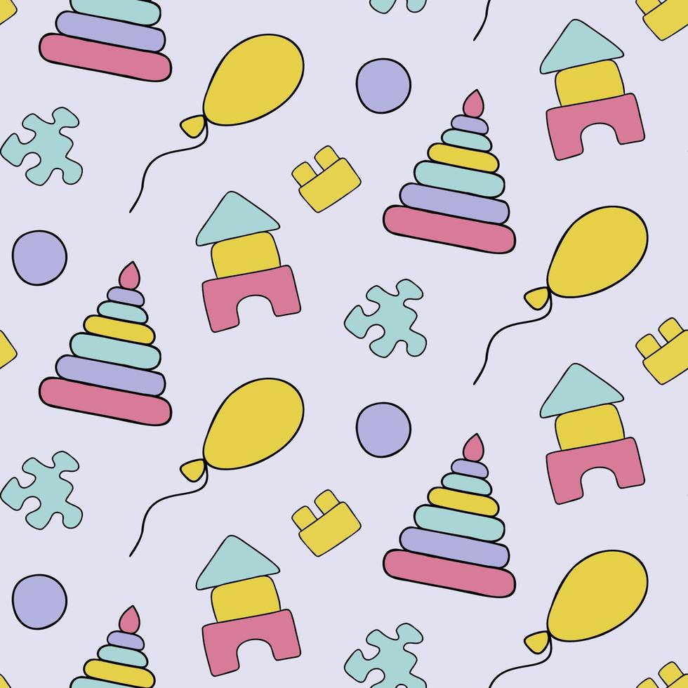 Seamless children's vector pattern with a children's pyramid, cubes and balloons in a doodle-style