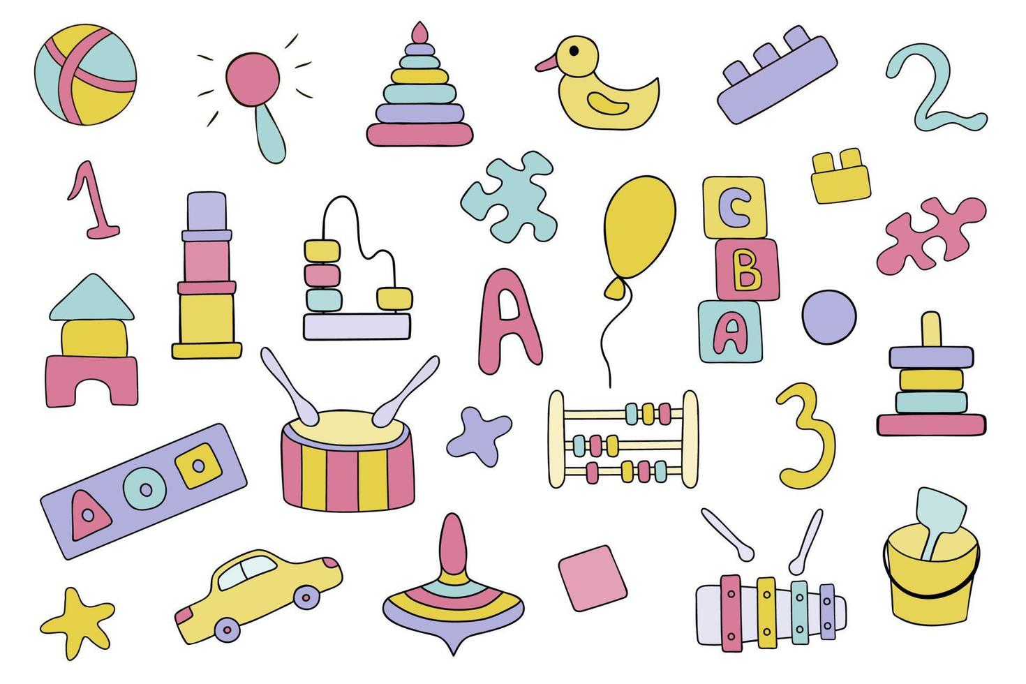 Vector set of children's educational toys in the doodle style.