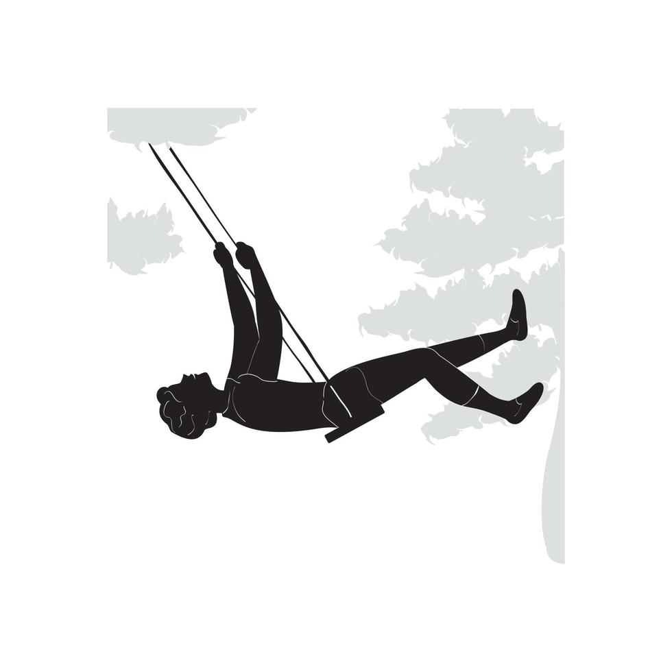 Happy Teenager Boy Having Fun on Swing, Flying Forth Among High Trees. Black Silhouette Illustration vector