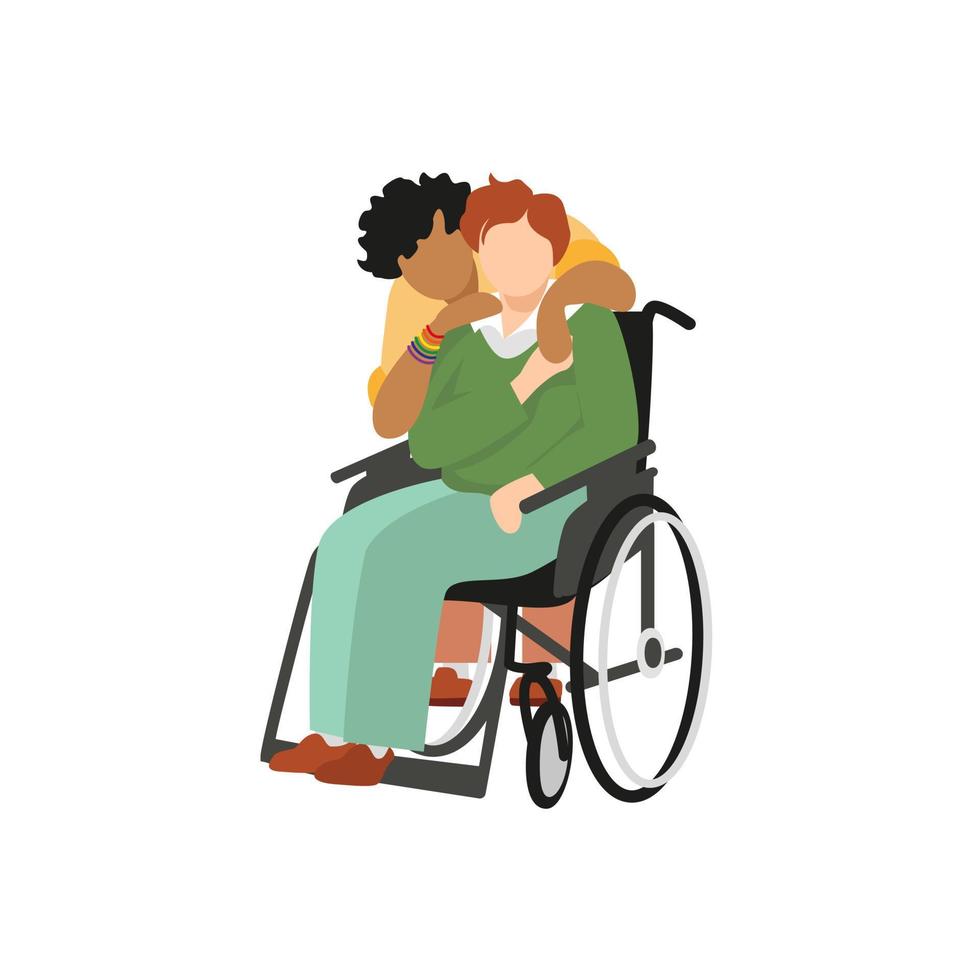 Couple of Lovers or Friends, Transgender, Non-Binary, African American and Causasian, With a Wheelchair. Diversity, Disability, Acceptance vector